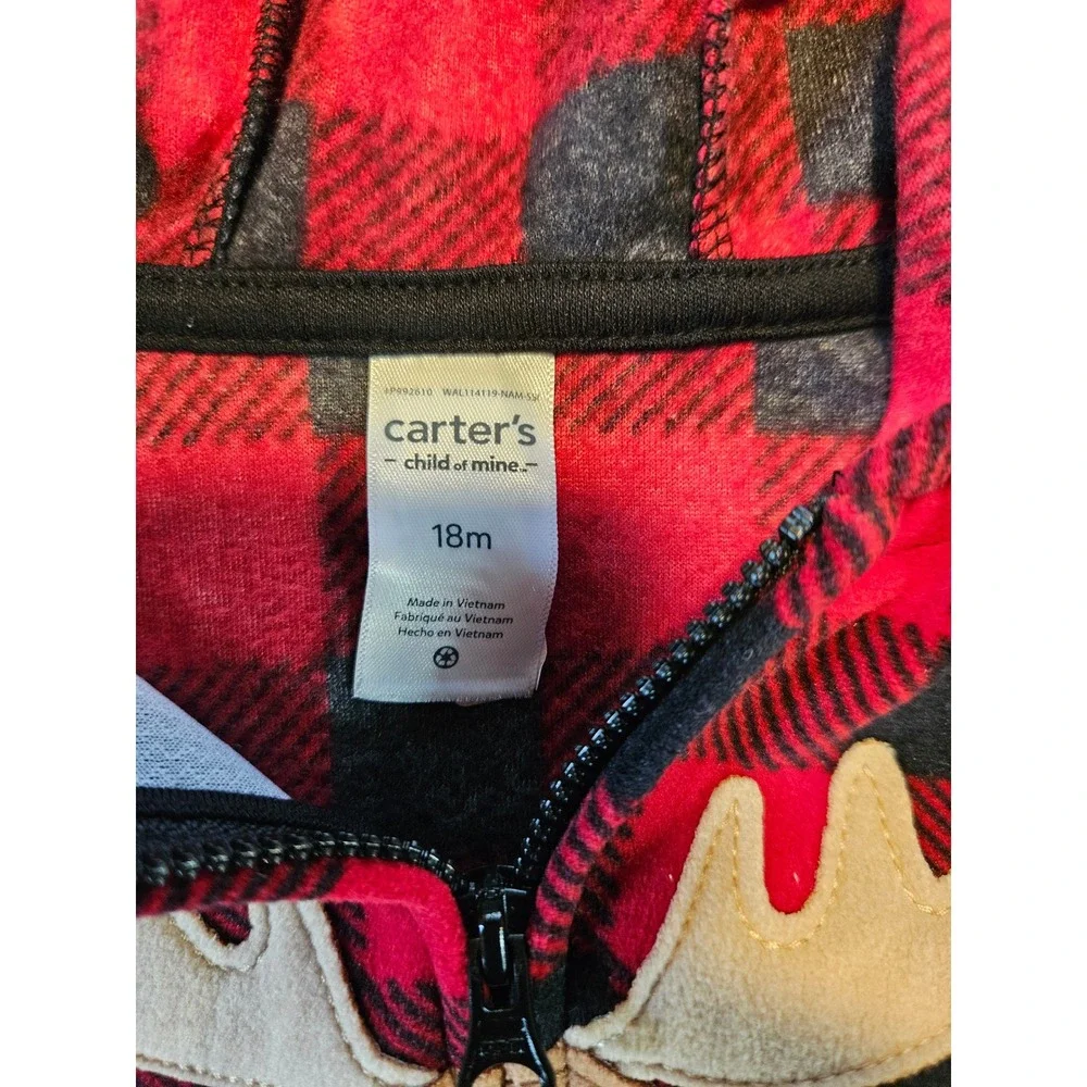 Carters Child of Mine 18M Red Black Buffalo Plaid Moose Fleece Zip Up Hoodie